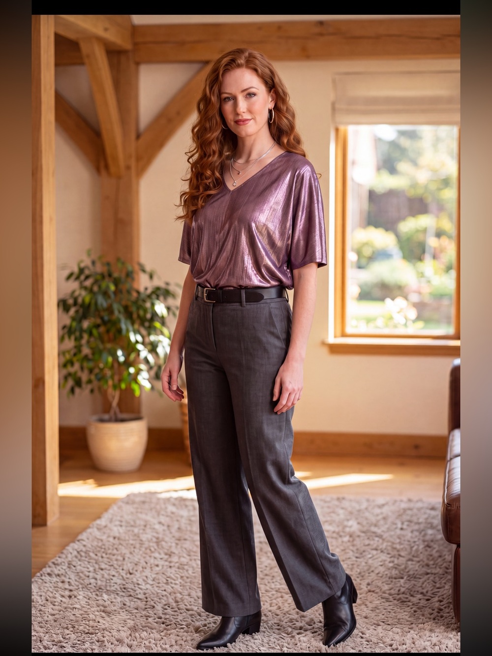 Metallic Mauve V-Neck Short Sleeve Blouse